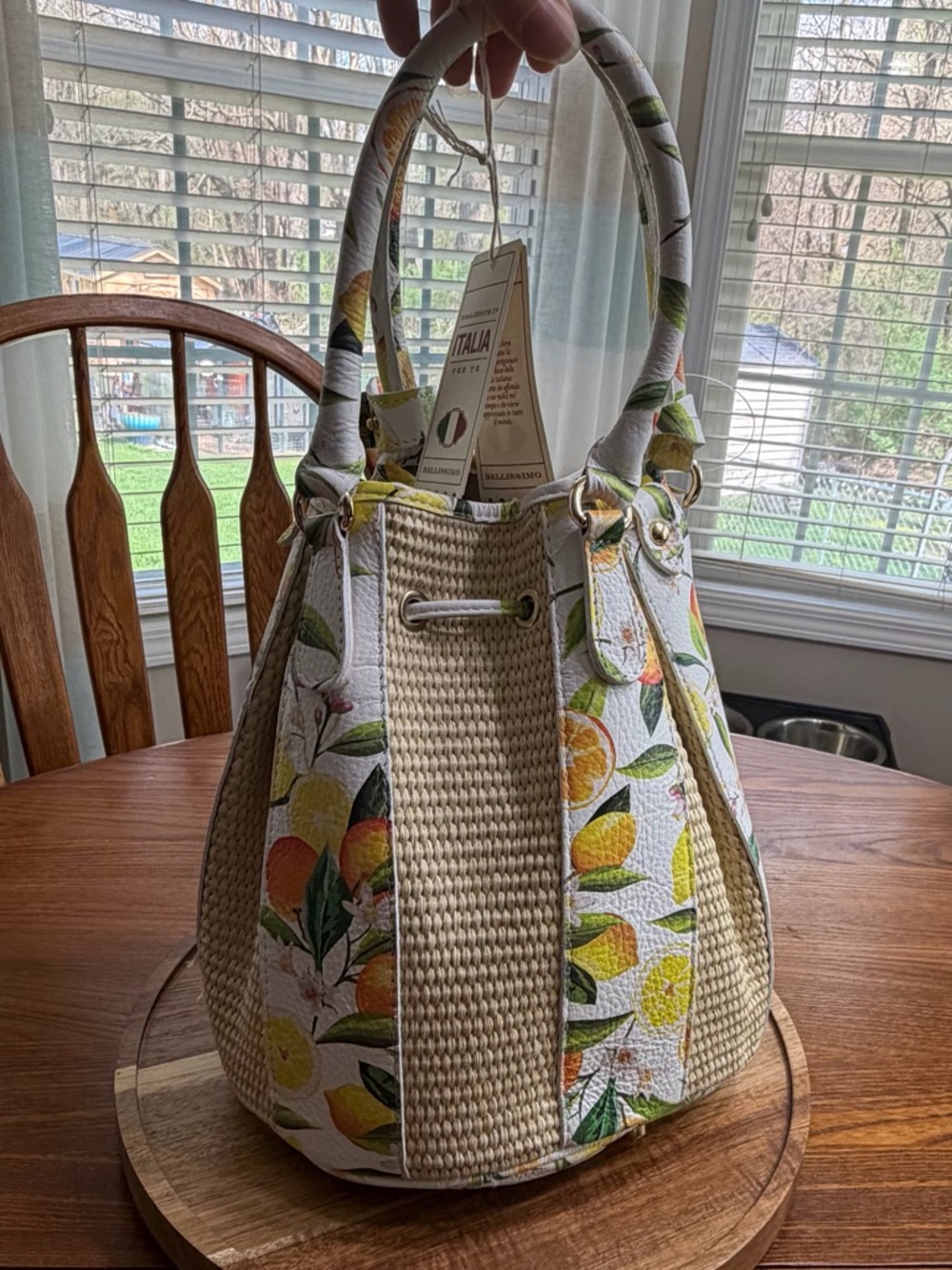 Valentina Yellow and Green Citrus-Print Bucket Shoulder Bag